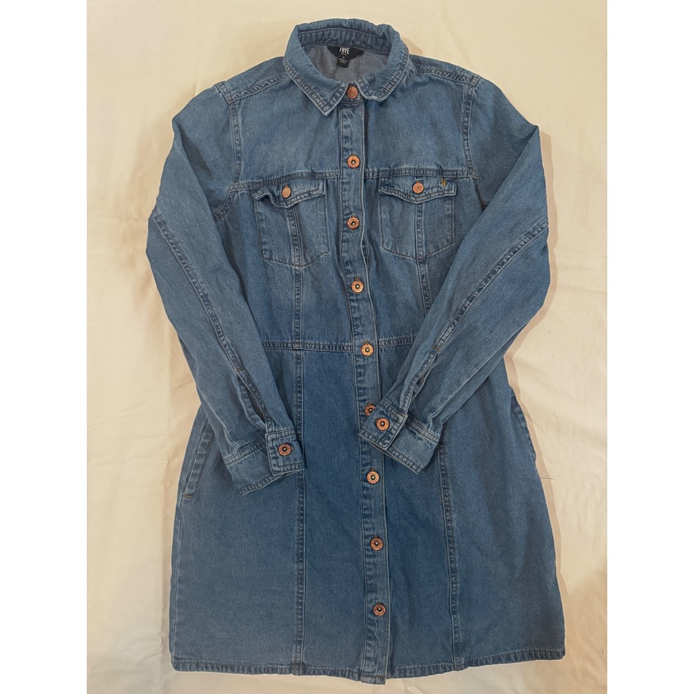 Frye Blue Denim Button Front Long Sleeve Western Cowgirl Mini Shirt Dress S